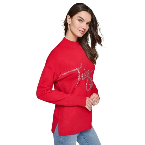 KARL LAGERFELD PARIS Women Embellished Graphic Mockneck Sweater Red Size M $99 - Picture 2 of 5